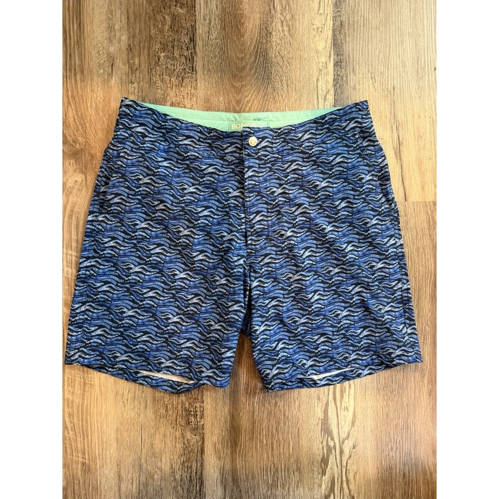 Bonobos Mens Lined Swim Trunks Size 33 Pockets 7"‎ Inseam Drawstring Blue Wavy